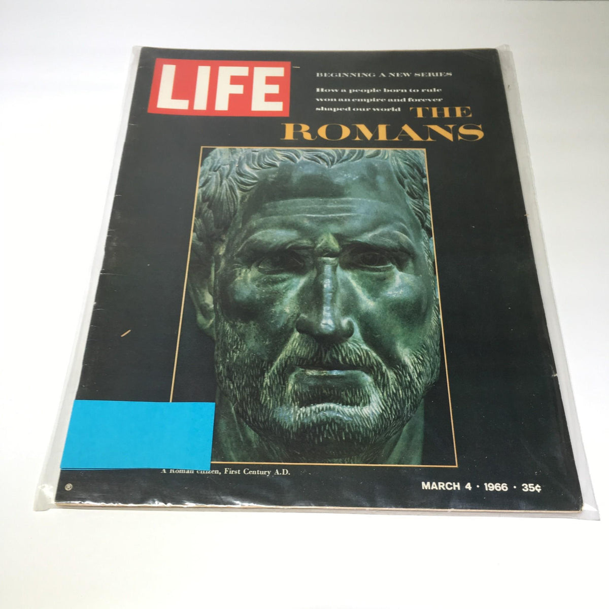 Cover of Life Magazine: March 4, 1966 featuring a Roman bust and announcing the beginning of a new series titled 'The Romans'. The magazine includes captivating articles and visuals about Roman civilization.