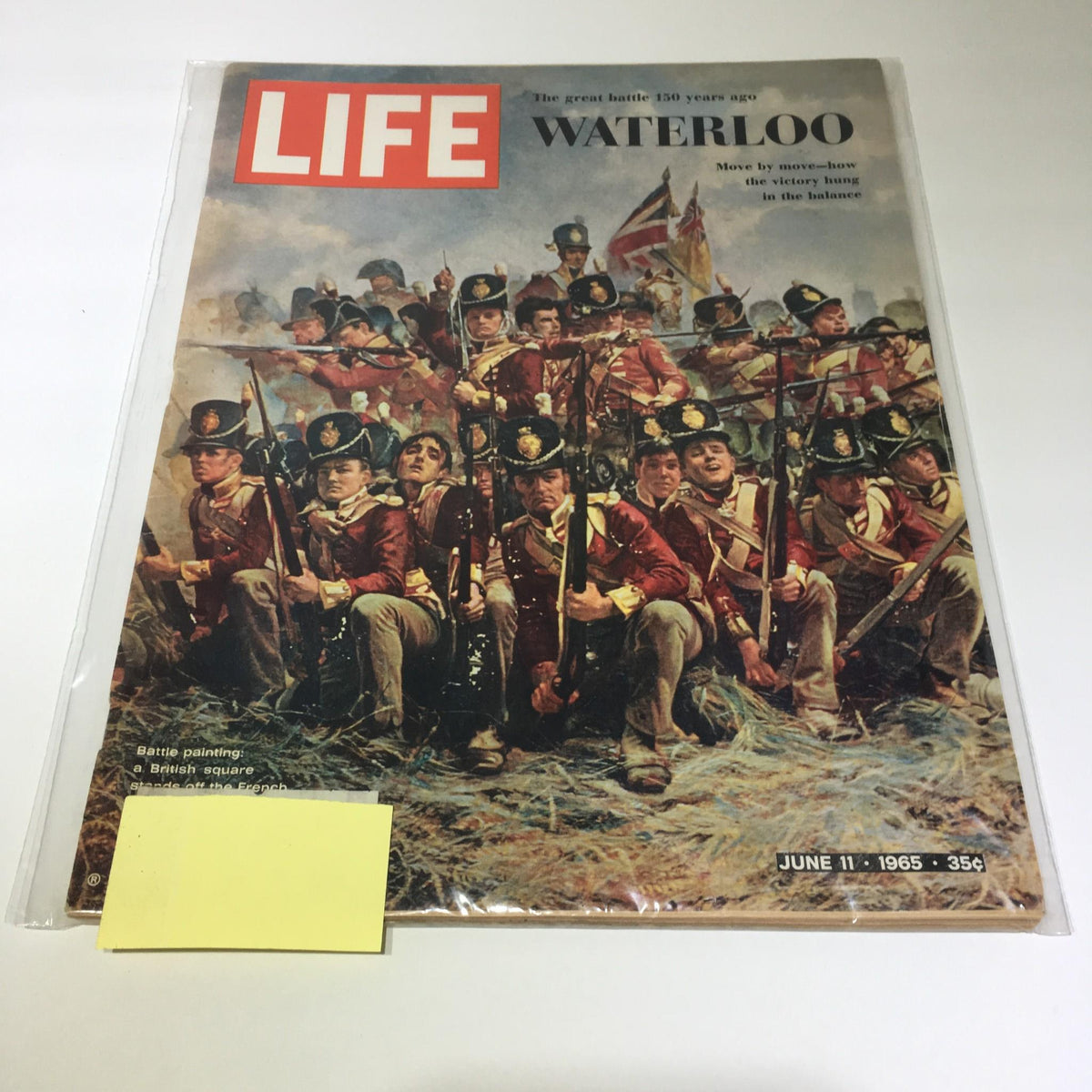 Life Magazine June 11 1965 edition featuring a historical illustration of the Battle of Waterloo, highlighting British soldiers in uniforms from the era.