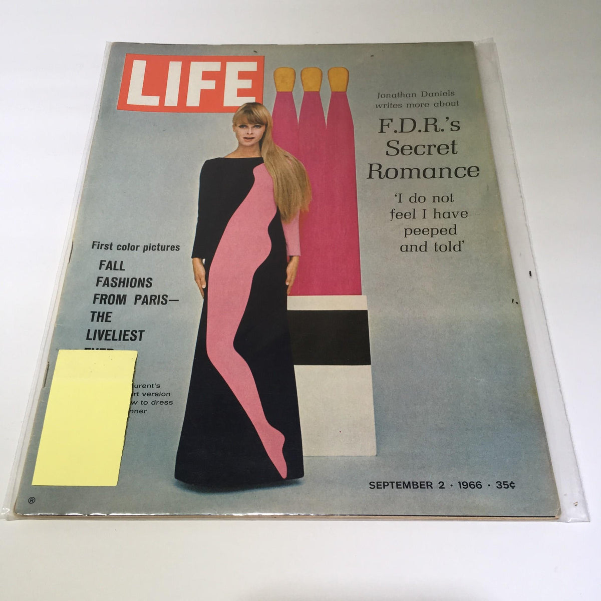Cover of VTG Life Magazine September 2 1966 featuring a model in a stylish pink and black dress showcasing fall fashion trends from Paris. The issue highlights F.D.R.'s Secret Romance.