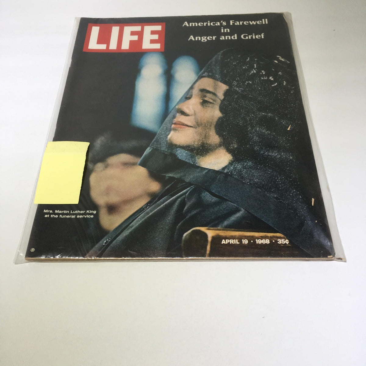 Life Magazine cover from April 19, 1968 featuring Mrs. Martin Luther King during the funeral services, showcasing her elegant expression amid the emotional backdrop of America's farewell in anger and grief.