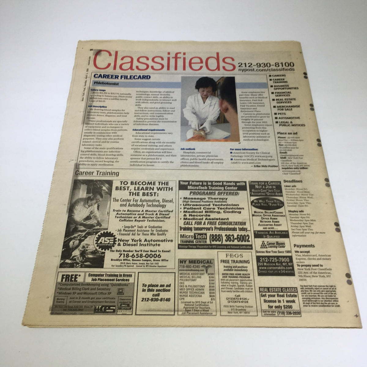 Back page of the New York Post: April 3, 2005 showing a classifieds section, emphasizing the diverse content within this historic sports newspaper.