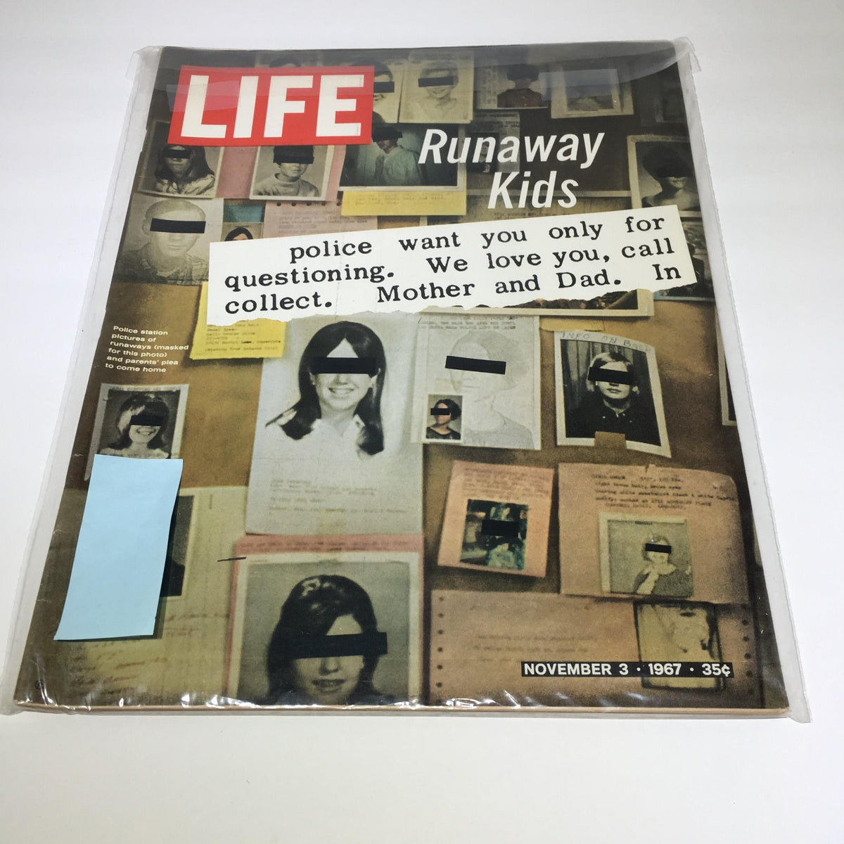 Vintage Life Magazine cover from November 3, 1967, featuring the title 'Runaway Kids' with photos of missing children displayed in a police station. The cover addresses the issue of runaway children, capturing the attention of collectors and history enthusiasts.