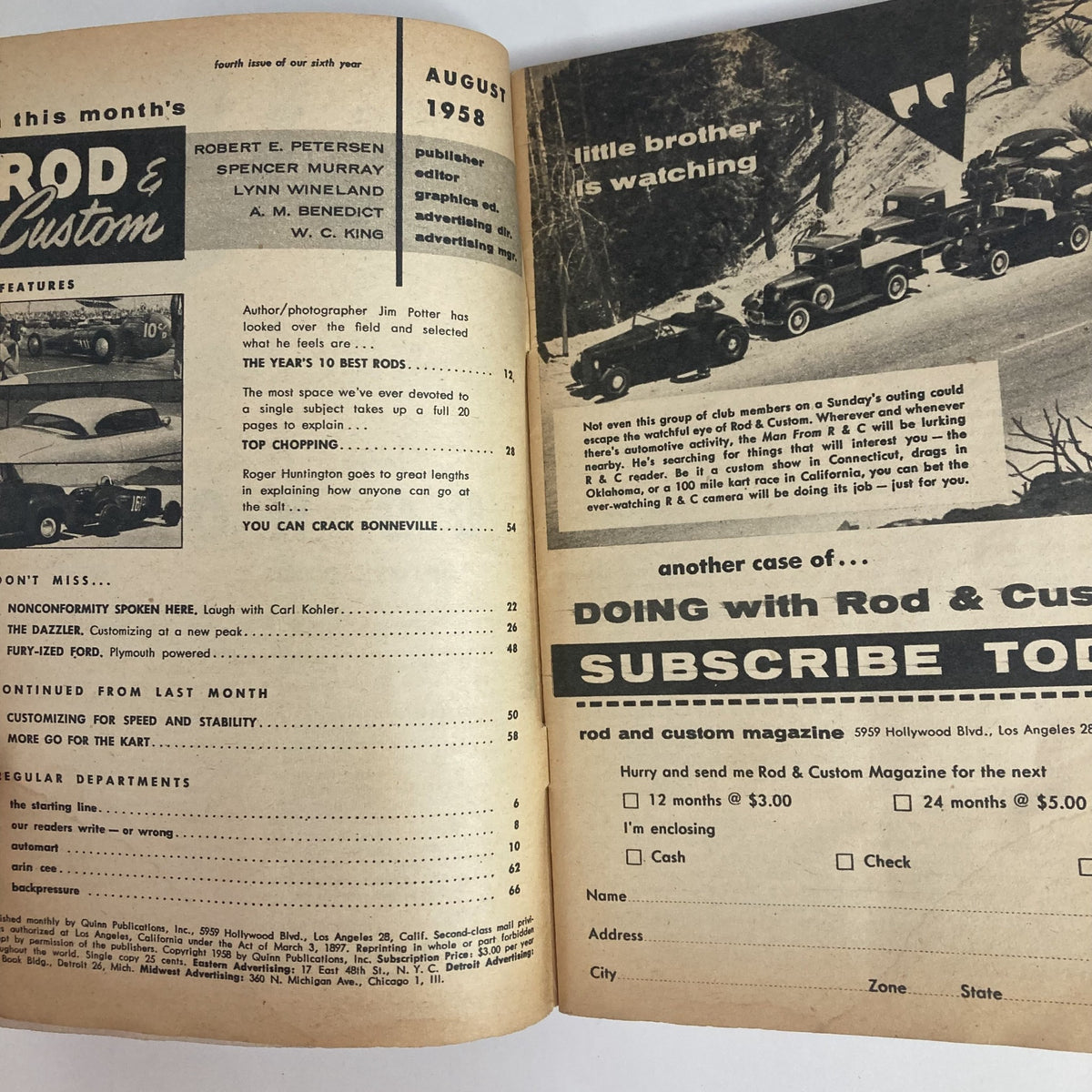 Interior view of the VTG Rod & Custom Magazine from August 1958, featuring articles on automotive trends and chopped tops. The page displays a vintage layout with content and advertisements relevant to the hot rod culture.
