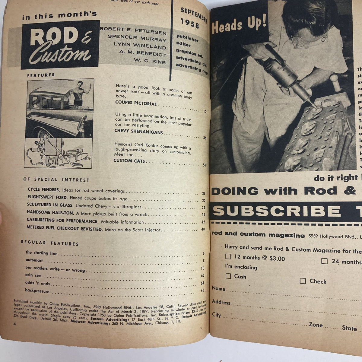 Inside page of VTG Rod & Custom Magazine September 1958 displaying features and articles related to automotive performance and customization.