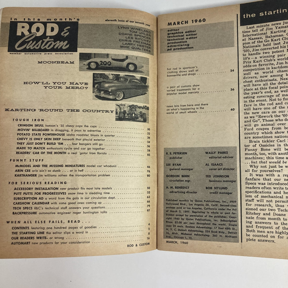 Inside page of VTG Rod & Custom Magazine March 1960 displaying contents and articles about sportscars, racing, and automotive insights.