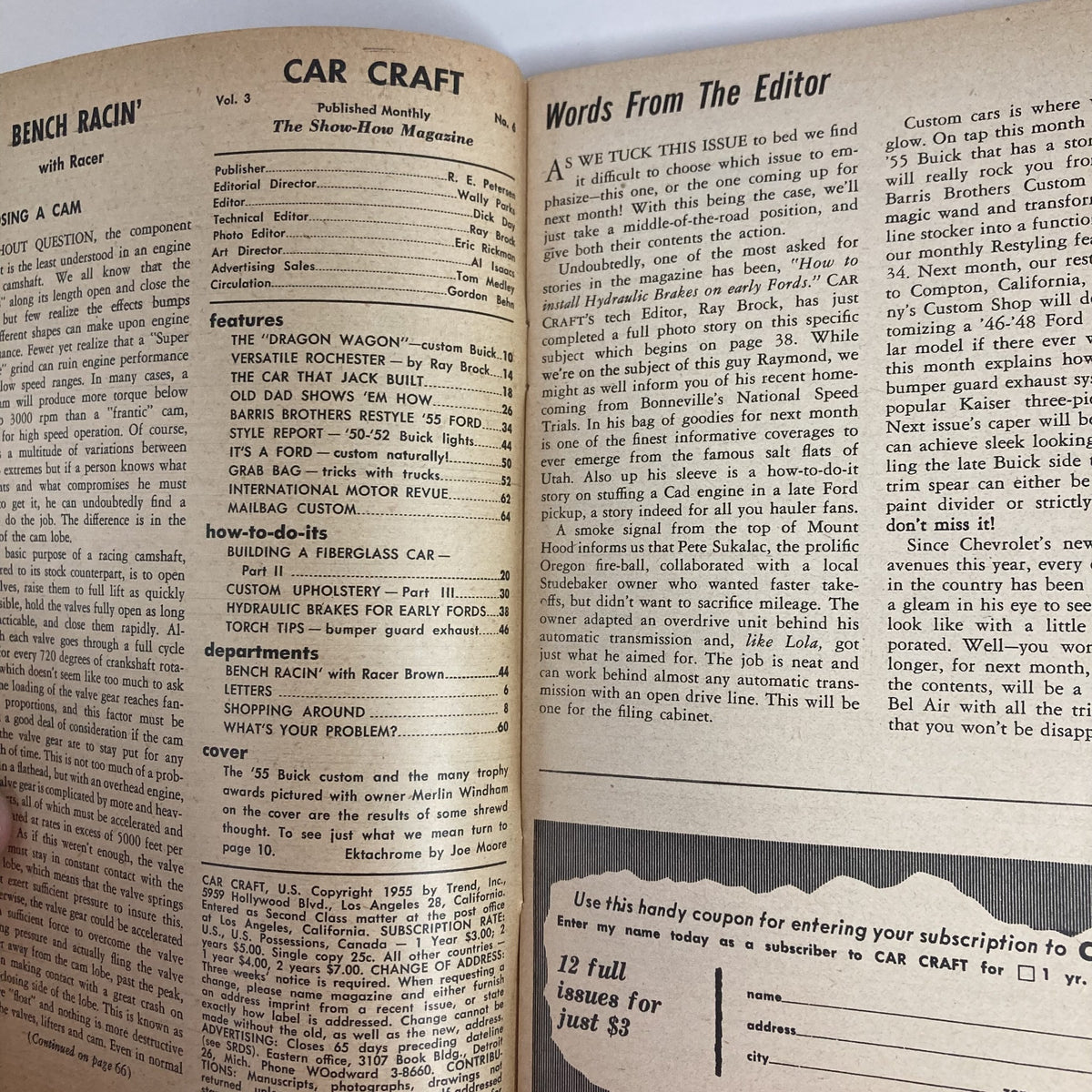 Inside page of VTG Car Craft Magazine November 1955 Vol 3 No. 6 with editorial content, showcasing articles and features related to car modifications and racing.
