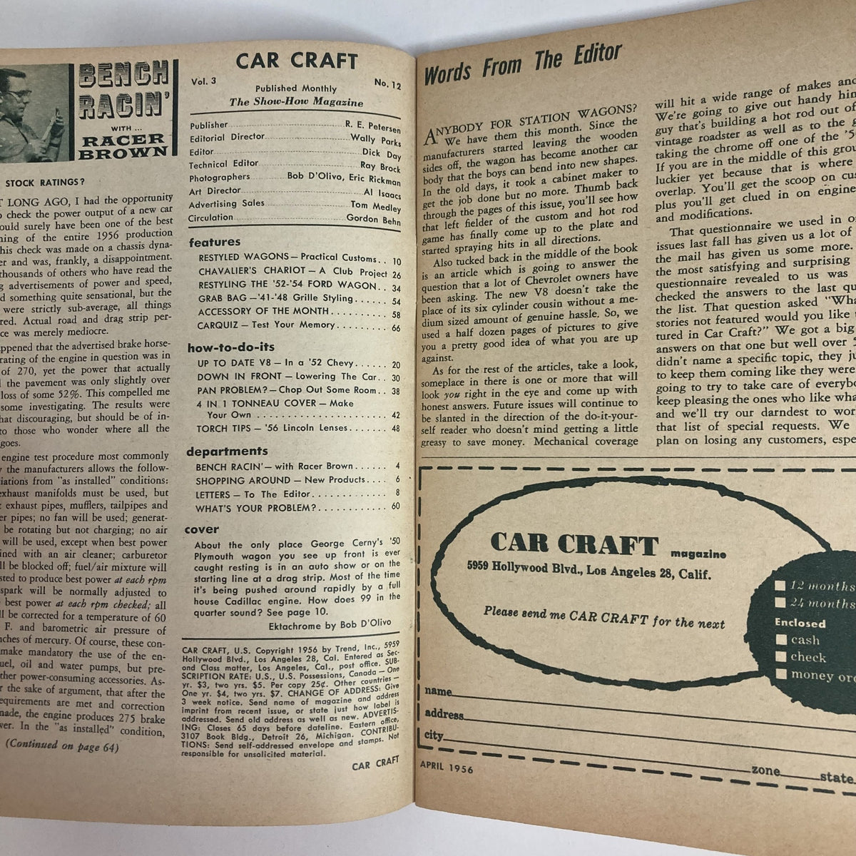 Inside pages of the VTG Car Craft Magazine April 1956, showcasing articles, features, and editorial content related to vintage cars, car modifications, and automotive history.