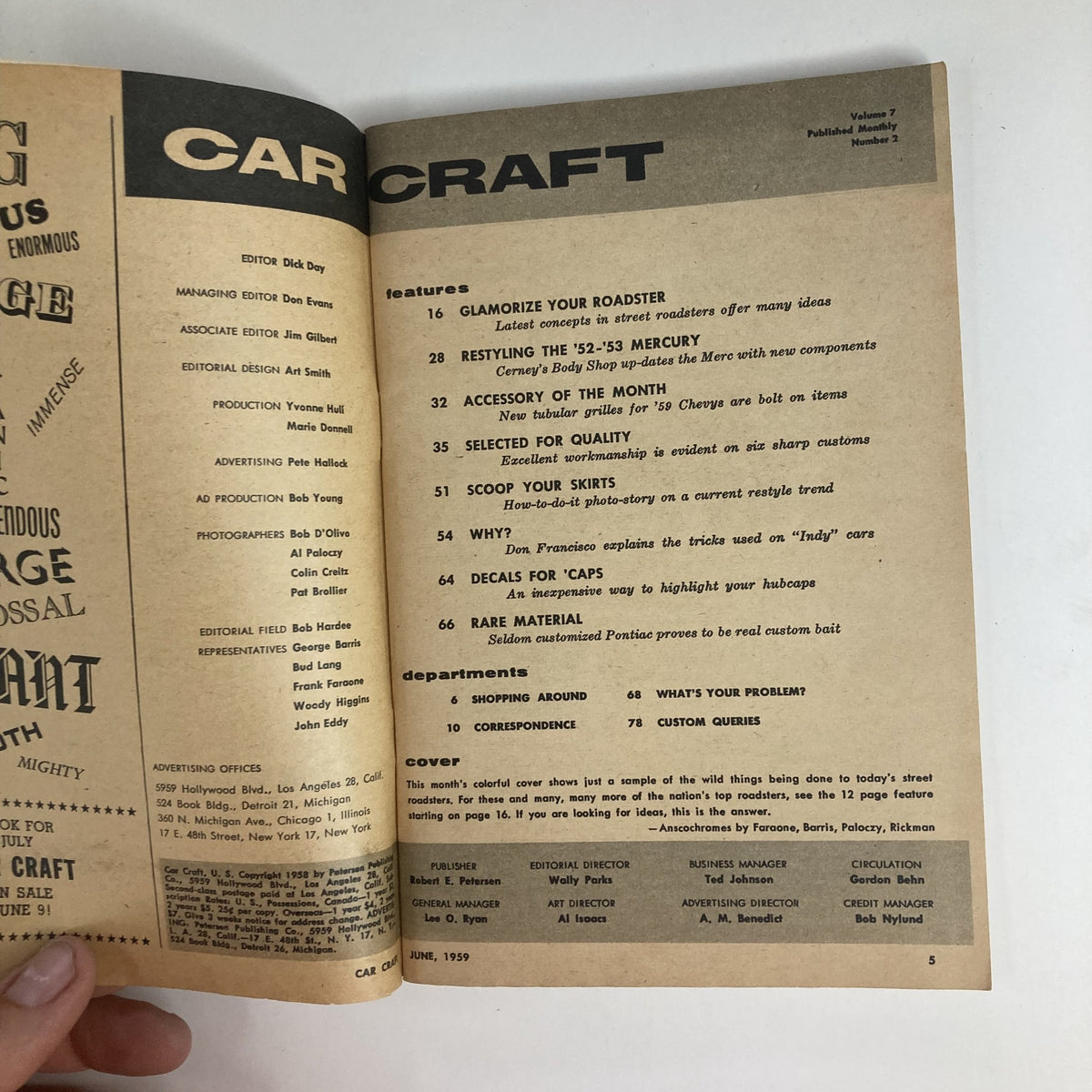 Interior page of VTG Car Craft Magazine June 1959 Vol 7 No. 2 showing articles and features, including tips on customizing roadsters and automotive insights.