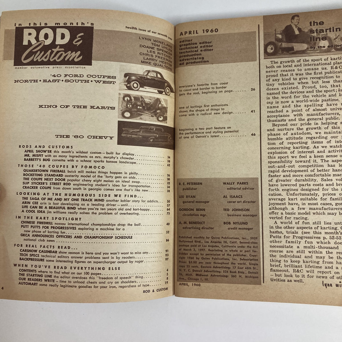 Interior page of Rod & Custom Magazine April 1960 showcasing articles on '40 Ford Coupes and kart racing details.