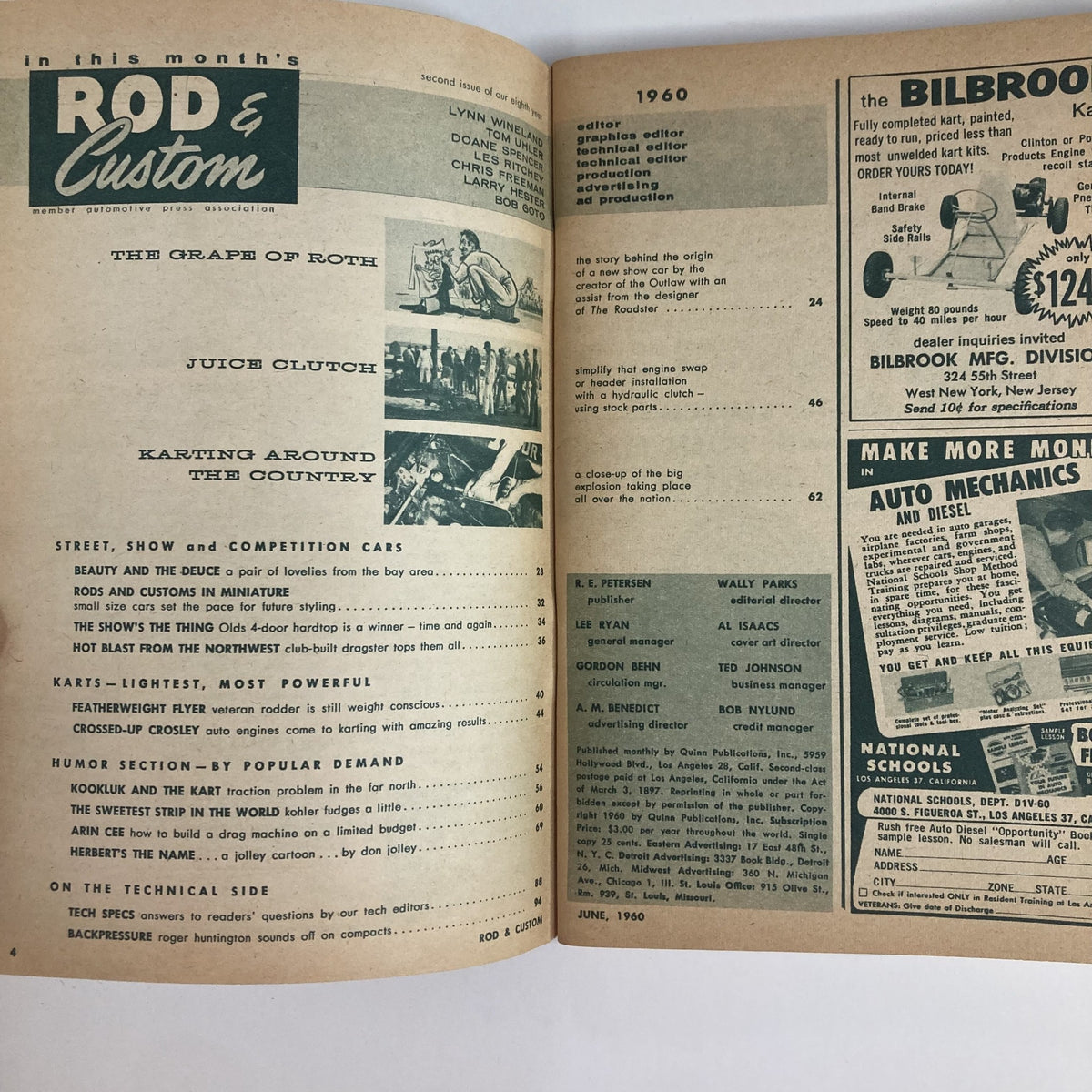 Interior page of VTG Rod & Custom Magazine June 1960 displaying the table of contents and article titles related to automotive topics and trends from that era.