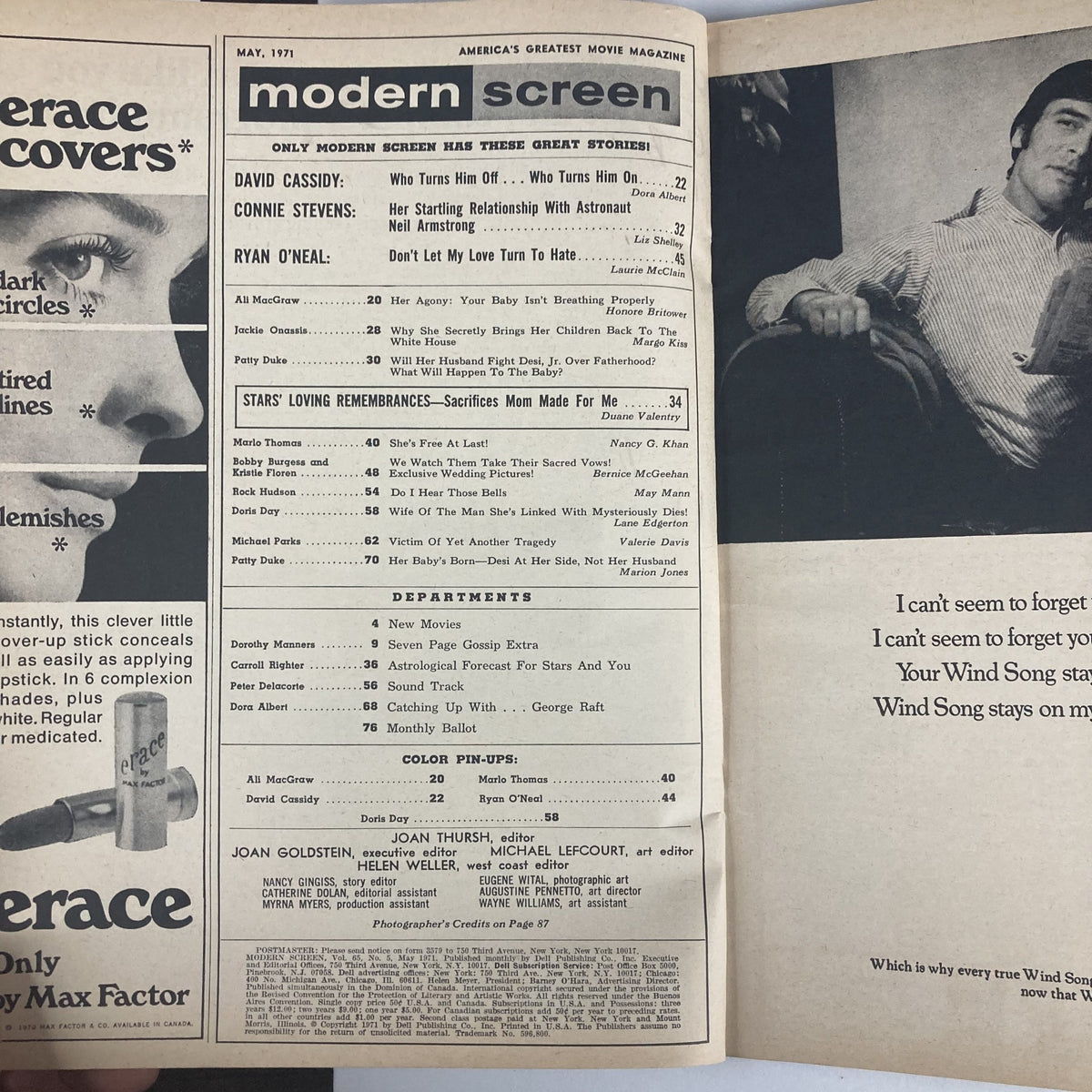 Inside pages of VTG Modern Screen Magazine May 1971, Volume 65, No. 5 displaying the table of contents and featured stories including Jackie Kennedy.