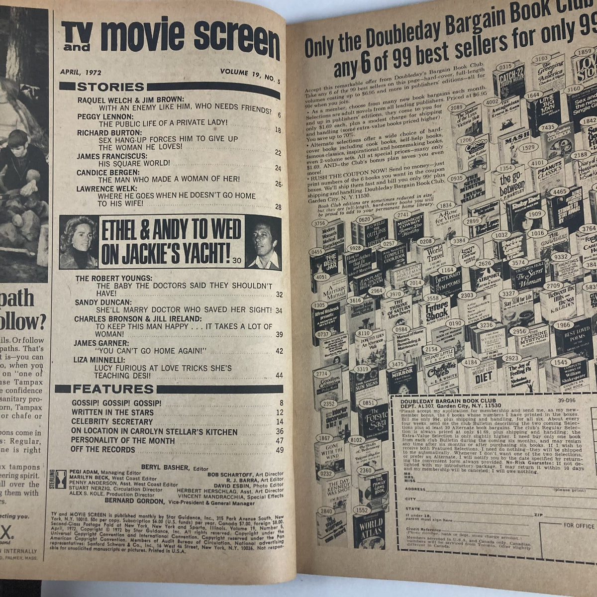 Inside pages of VTG TV and Movie Screen Magazine April 1972 showcasing contents and stories including Ethel and Andy's feature.