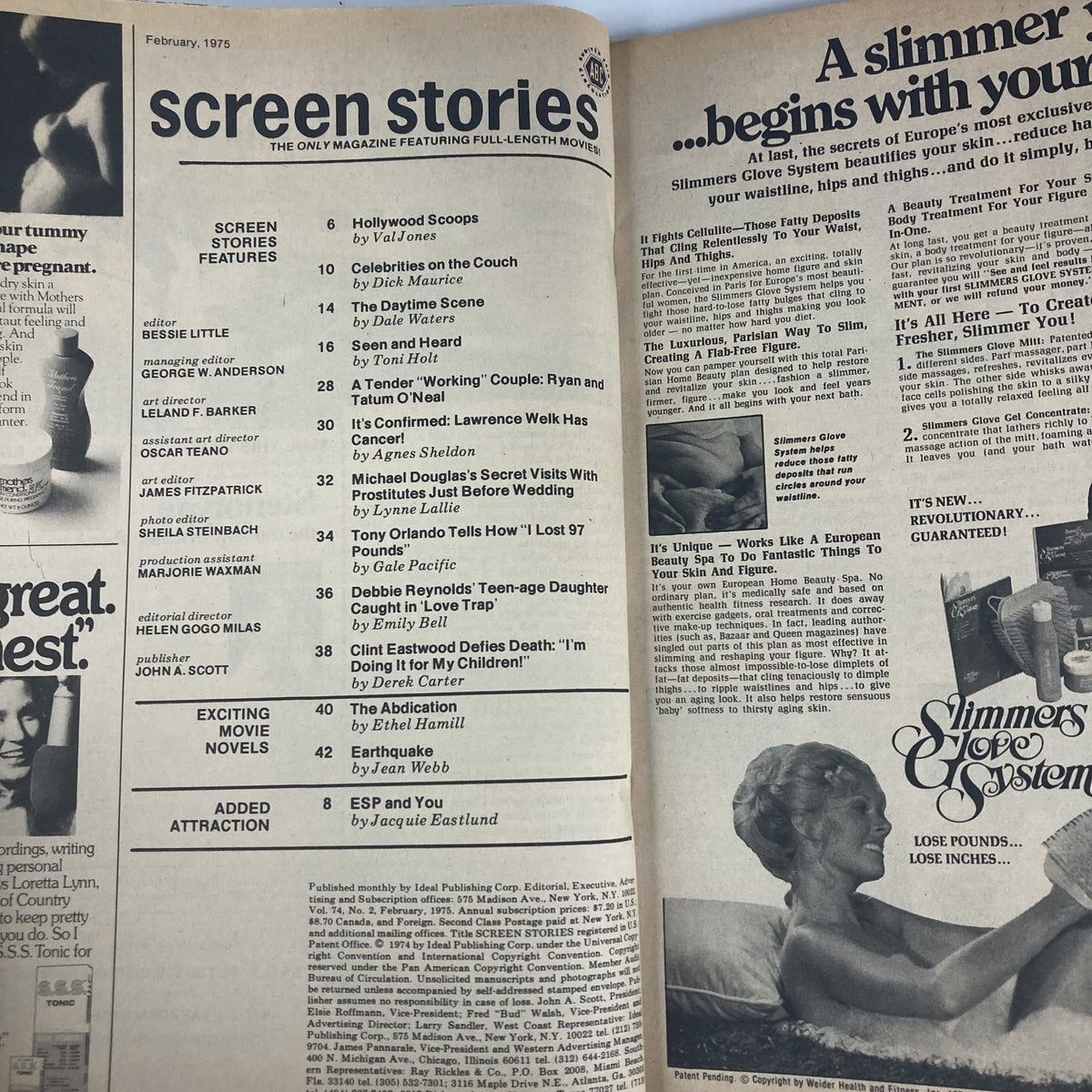 Interior page of the VTG Screen Stories Magazine February 1975 highlighting features and articles from the publication.