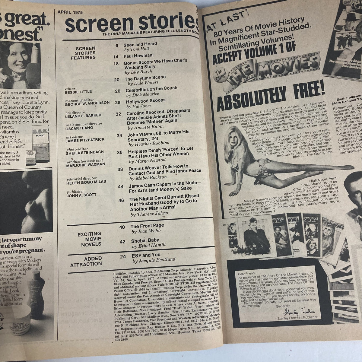 Inside pages of Screen Stories Magazine, April 1975, Volume 74, No. 4 showing the table of contents and various features related to movies and celebrity culture.