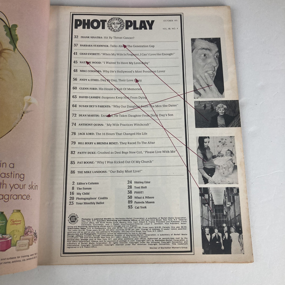 Inside page of VTG Photoplay Magazine October 1971, Vol 80 No. 4 listing contents including articles on Frank Sinatra and other Hollywood topics.