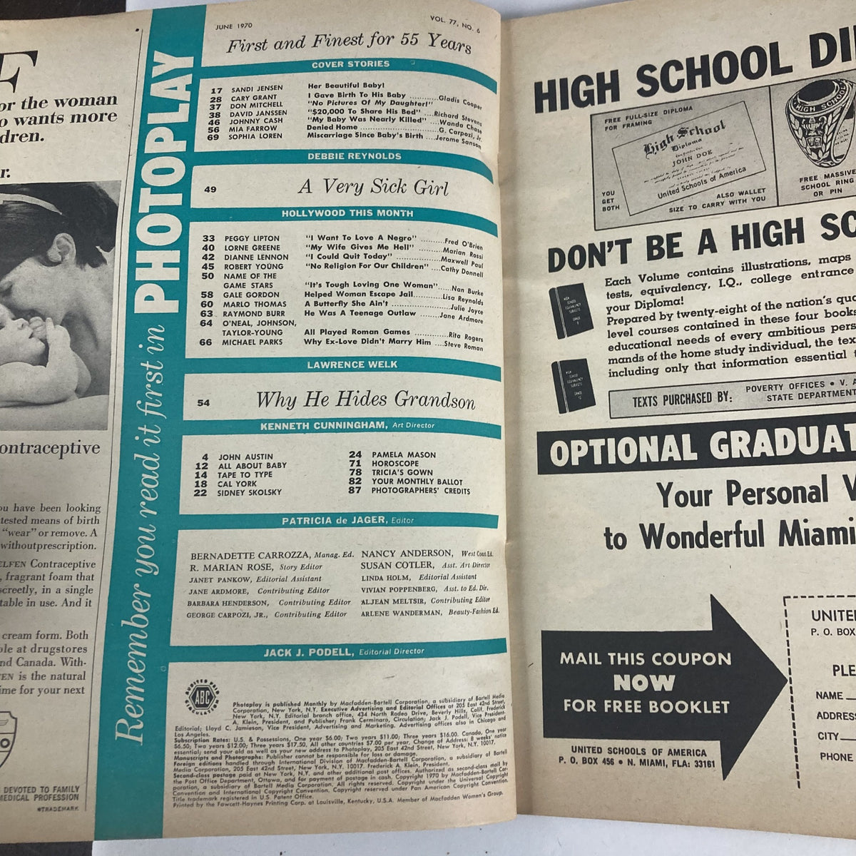 Interior page of VTG Photoplay Magazine June 1970 Vol 77 No. 6 showcasing the contents section, highlighting various articles and features in the issue.