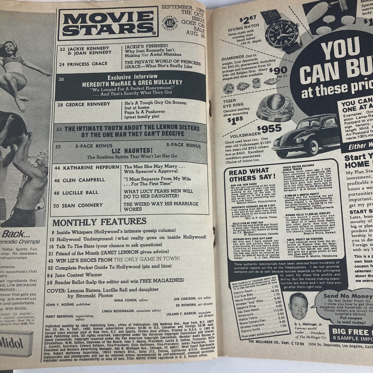 Inside view of VTG Movie Stars Magazine September 1969, highlighting articles and advertisements from the era, including features on the Lennon Sisters.