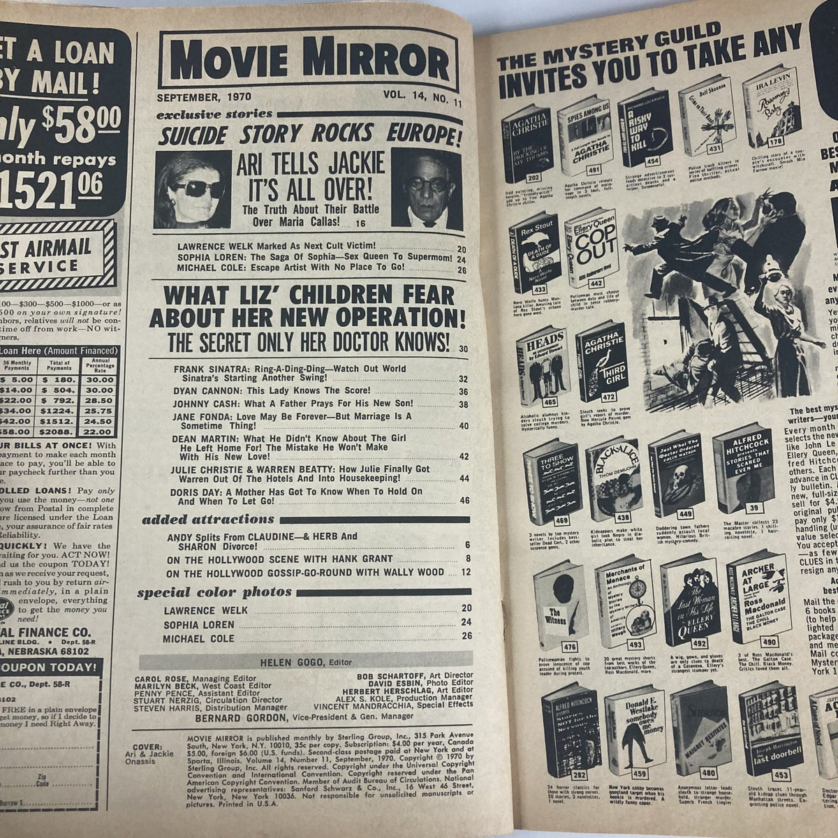 Inside pages of VTG Movie Mirror Magazine September 1970 showcasing articles and advertisements, including exclusive stories and celebrity features.
