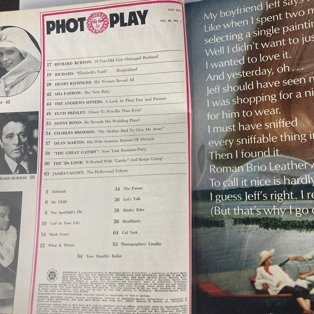 Contents page of VTG Photoplay Magazine July 1974 showcasing articles including Elvis Presley and Priscilla, Richard Burton, and the Great Gatsby. This page emphasizes the magazine's focus on Hollywood's cinematic history.