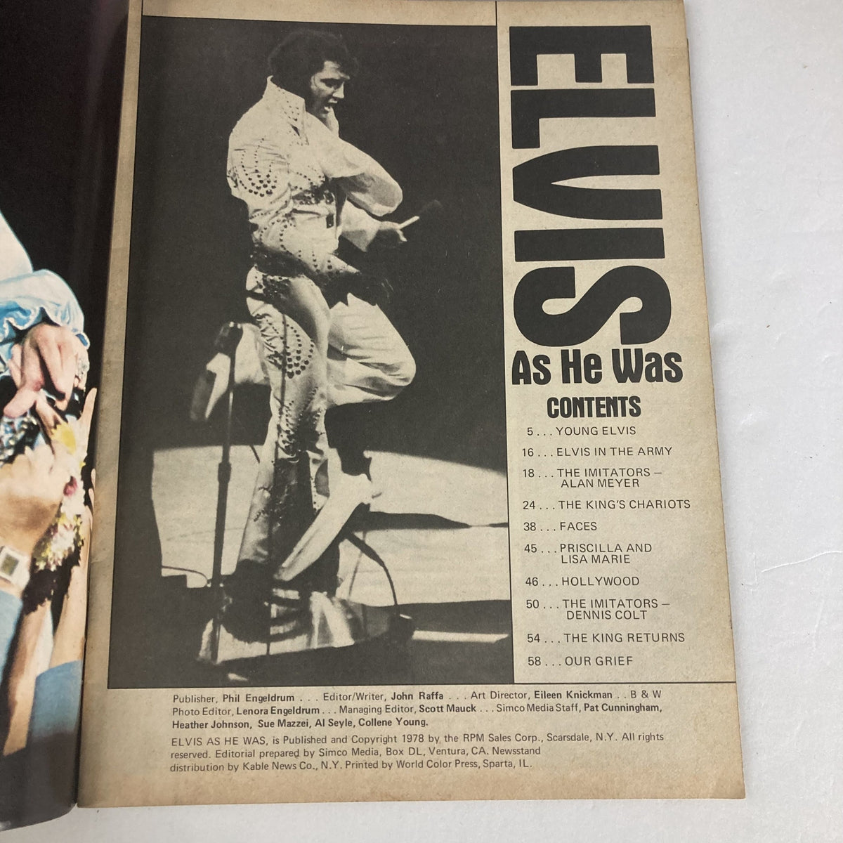 Inside page of the VTG 1978 Elvis Presley As He Was Collector's Edition, displaying the table of contents with sections such as 'Young Elvis,' 'The King’s Chariots,' and more.