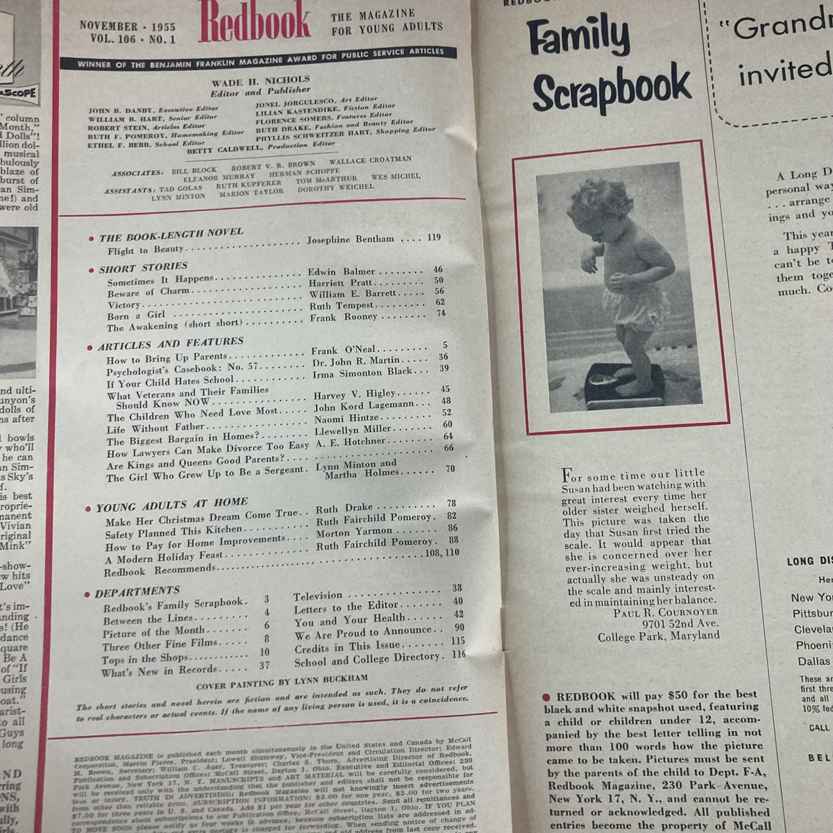 Table of contents from the VTG Redbook Magazine November 1955, Volume 106, Number 1, highlighting articles and features that provide a glimpse into the interests of young adults in the 1950s.