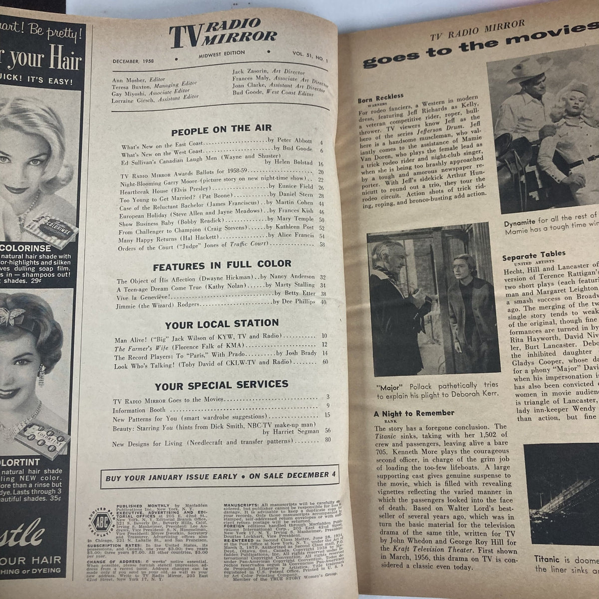 Inside pages of the VTG TV Radio Mirror Magazine from December 1958, showcasing articles, advertisements, and features on television and radio from the era.