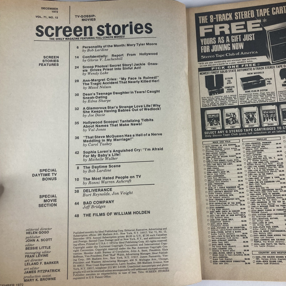 Interior page of VTG Screen Stories Magazine December 1972 Vol 71 No. 12, including table of contents and features related to Hollywood and celebrity stories.