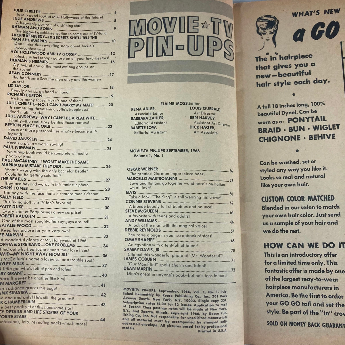 Inside pages of VTG Movie TV Pin-Ups Magazine September 1966, featuring table of contents and articles about TV and movie stars.