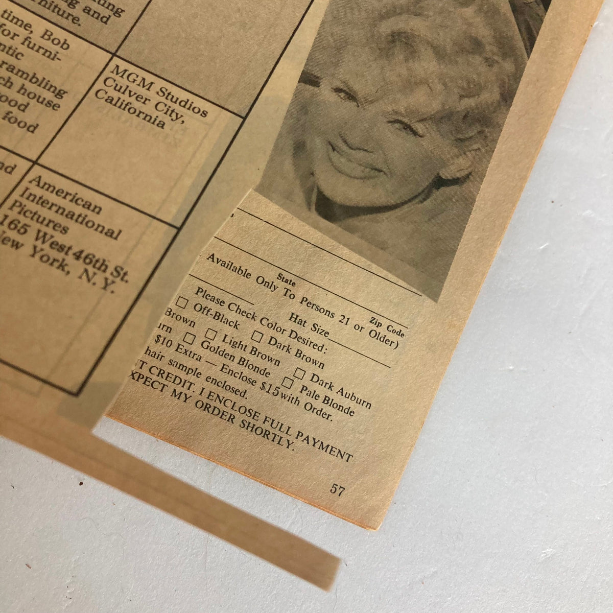 Interior page of the VTG Movie TV Pin-Ups Magazine September 1966 featuring an advertisement for wig products, highlighting options for custom wig orders.