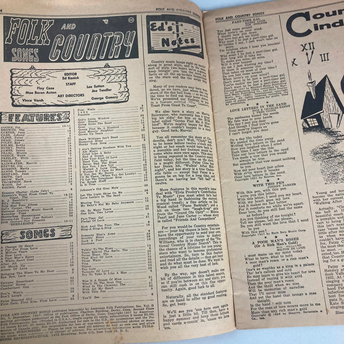 Interior pages of VTG Folk & Country Songs Magazine September 1957, displaying features and songs list, highlighting the vintage nature of the publication.