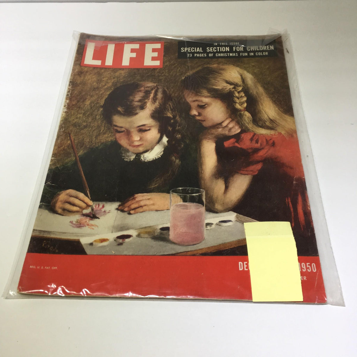 Vintage Life Magazine from December 25, 1950, featuring a special section for children. The cover showcases two young girls engaged in painting activities, encapsulating the festive spirit of Christmas with illustrations and vibrant colors. Perfect for collectors of historical magazines.