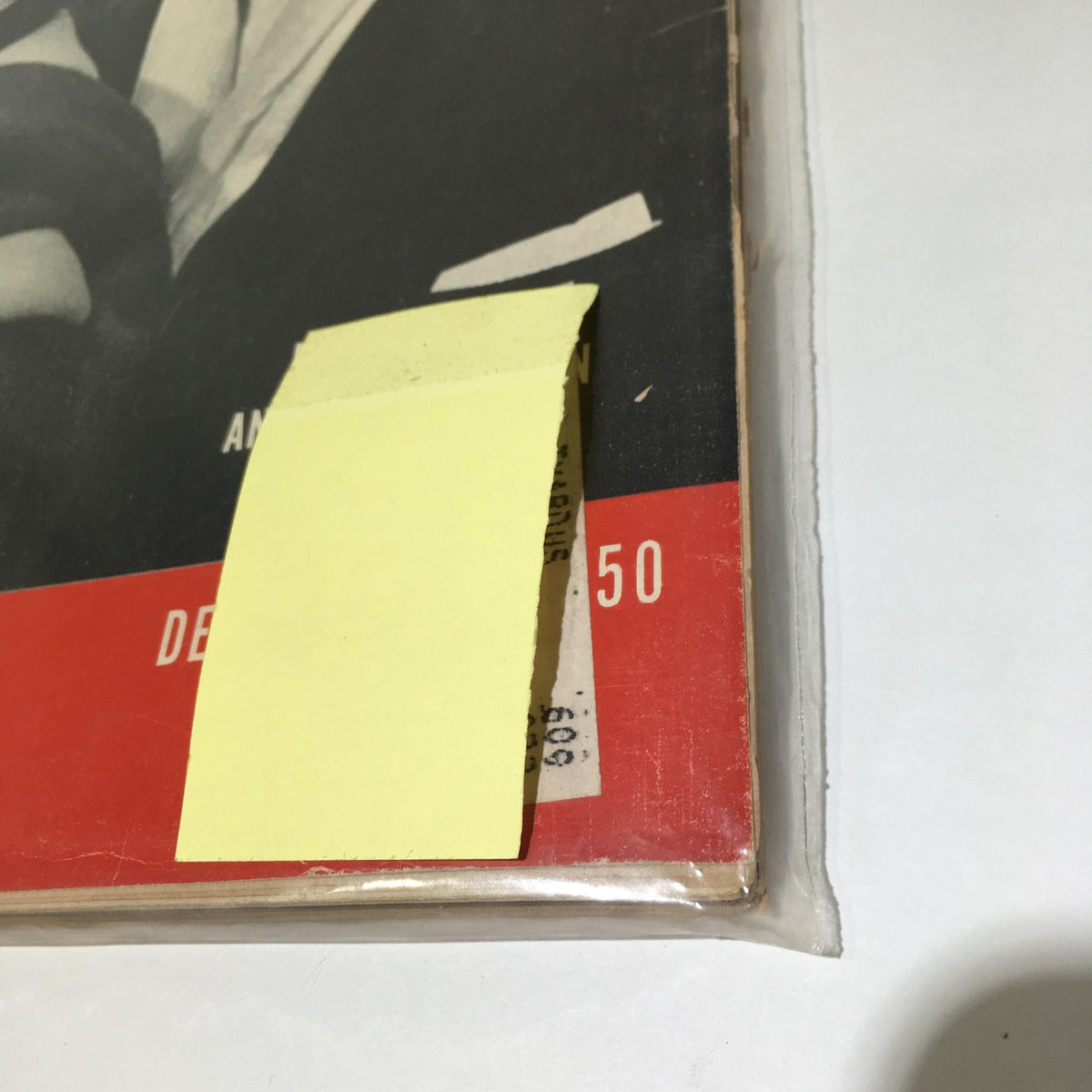 Close-up detail of VTG Life Magazine December 11, 1950 cover including a yellow post-it note, emphasizing the condition and collectible nature of this vintage magazine issue.
