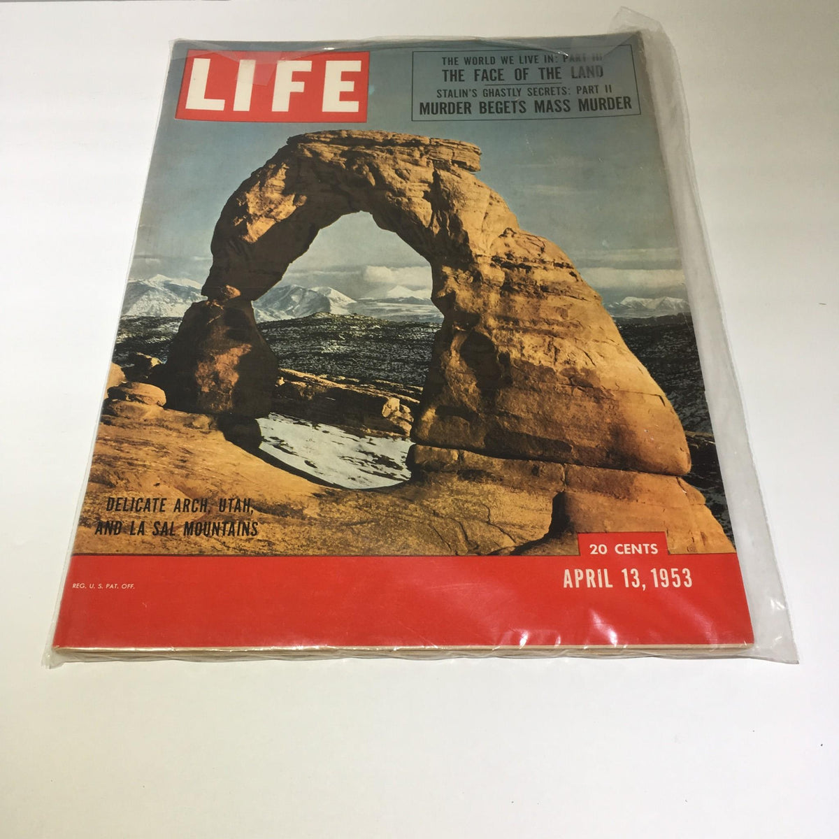 Cover of VTG Life Magazine from April 13, 1953, featuring Delicate Arch in Utah and La Sal Mountains. Showcases vintage photography and iconic landscapes.