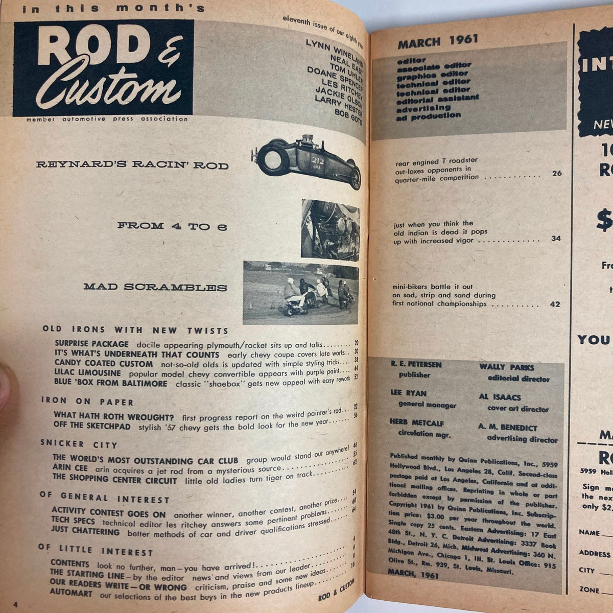 Inside page of VTG Rod & Custom Magazine March 1961 showcasing articles and features on racing cars and automotive culture of the 1960s.