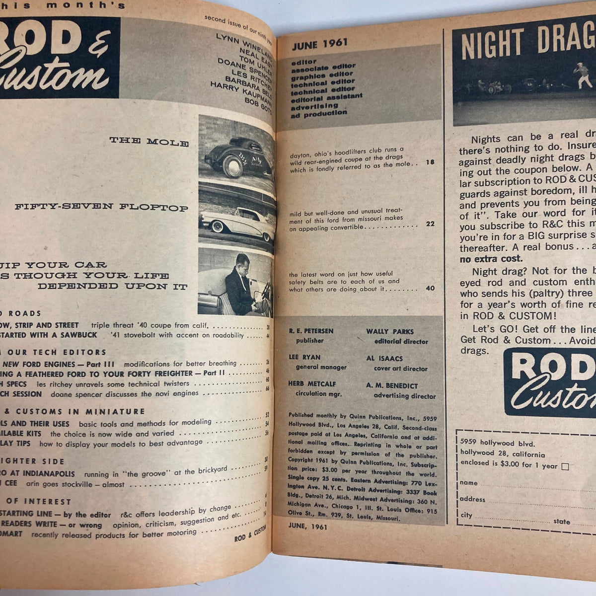 Inside page of VTG Rod & Custom Magazine from June 1961 featuring the Buckeye Drag Star and Missouri Styling. The page includes an editorial note, article titles, and a layout showcasing classic cars and automotive themes relevant to the drag racing community.