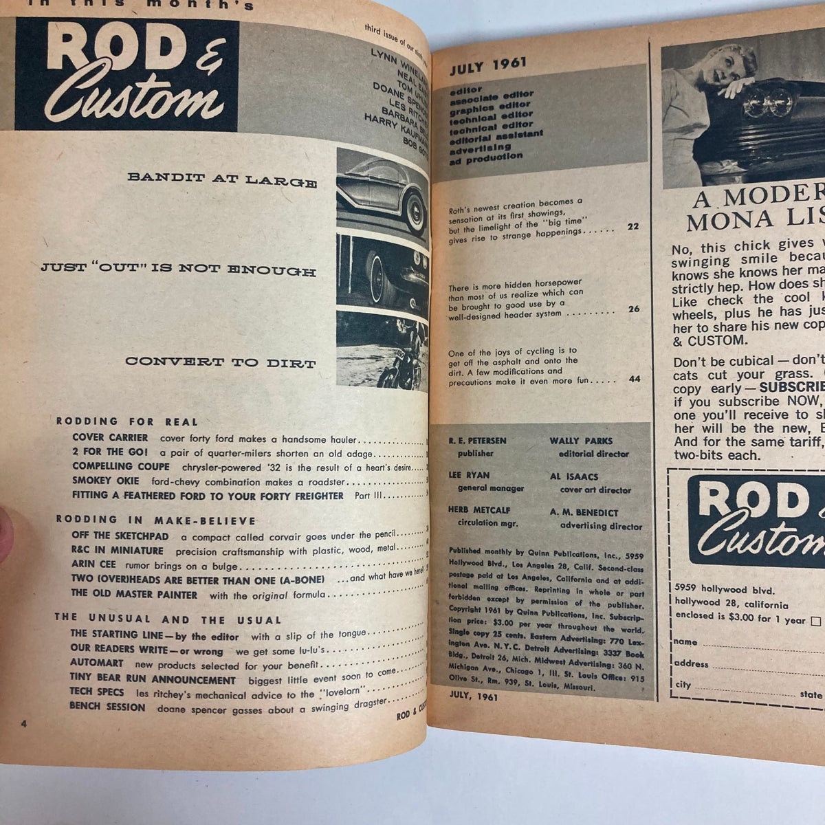 Interior page of VTG Rod & Custom Magazine July 1961 displaying contents including articles and features on vintage car customization and automotive innovations.