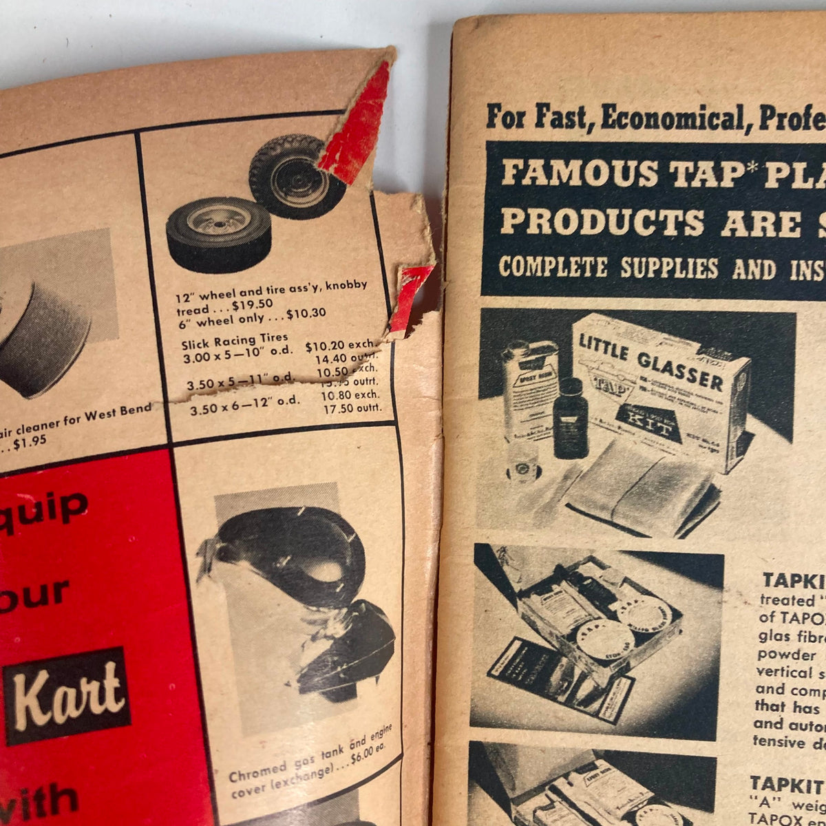 Inside pages of the March 1959 Rod & Custom Magazine, featuring advertisements for racing tires and karting equipment, illustrating vintage automotive culture.