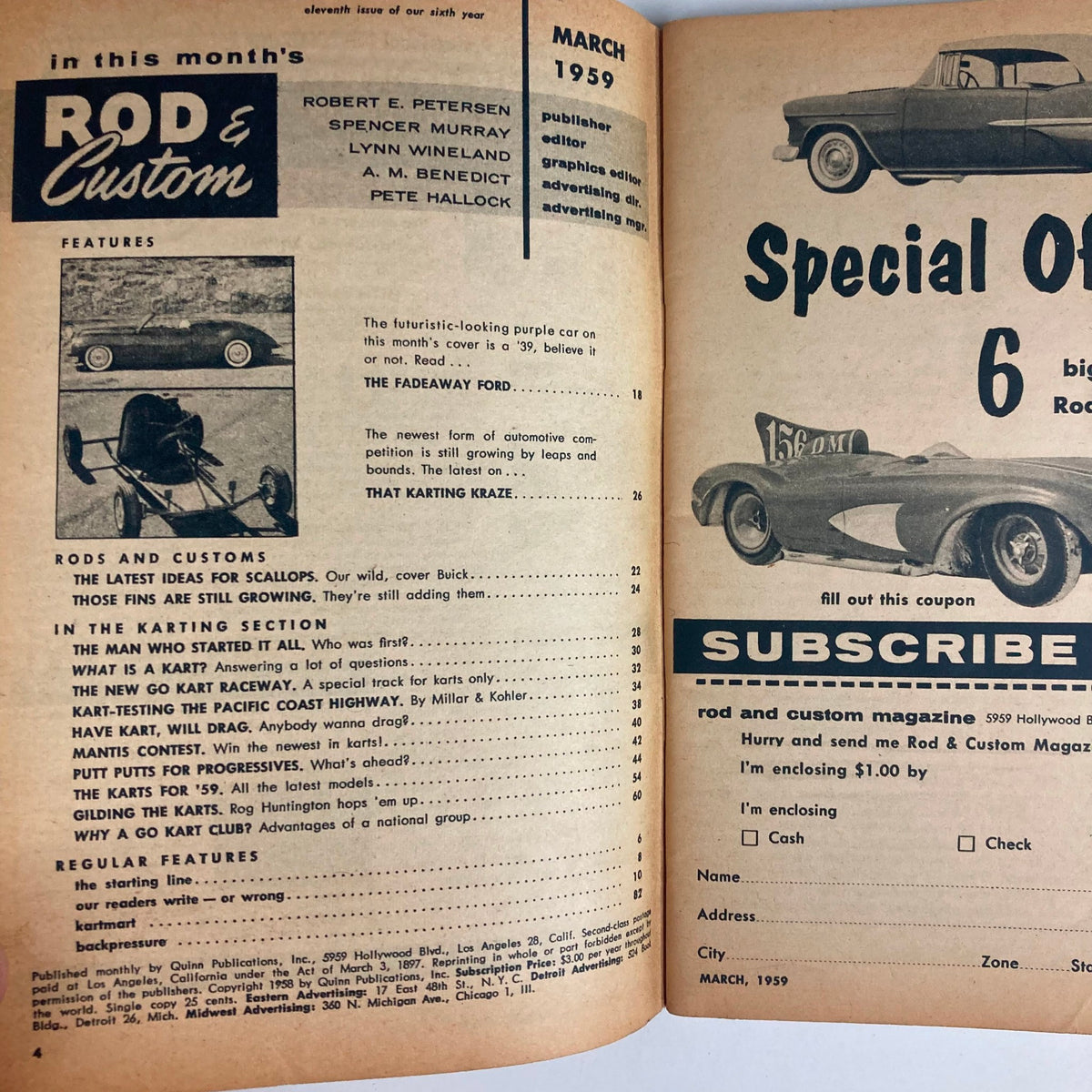 Contents page of the March 1959 issue of Rod & Custom Magazine, highlighting features such as customized cars and karting trends, encapsulating the essence of the automotive era.