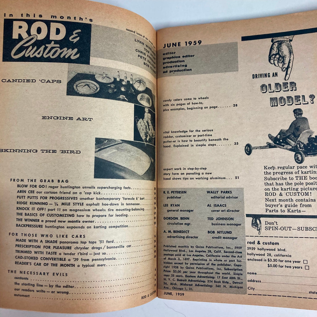 Inside spread of VTG Rod & Custom Magazine June 1959, featuring contents and topics including engine art and customizing basics.