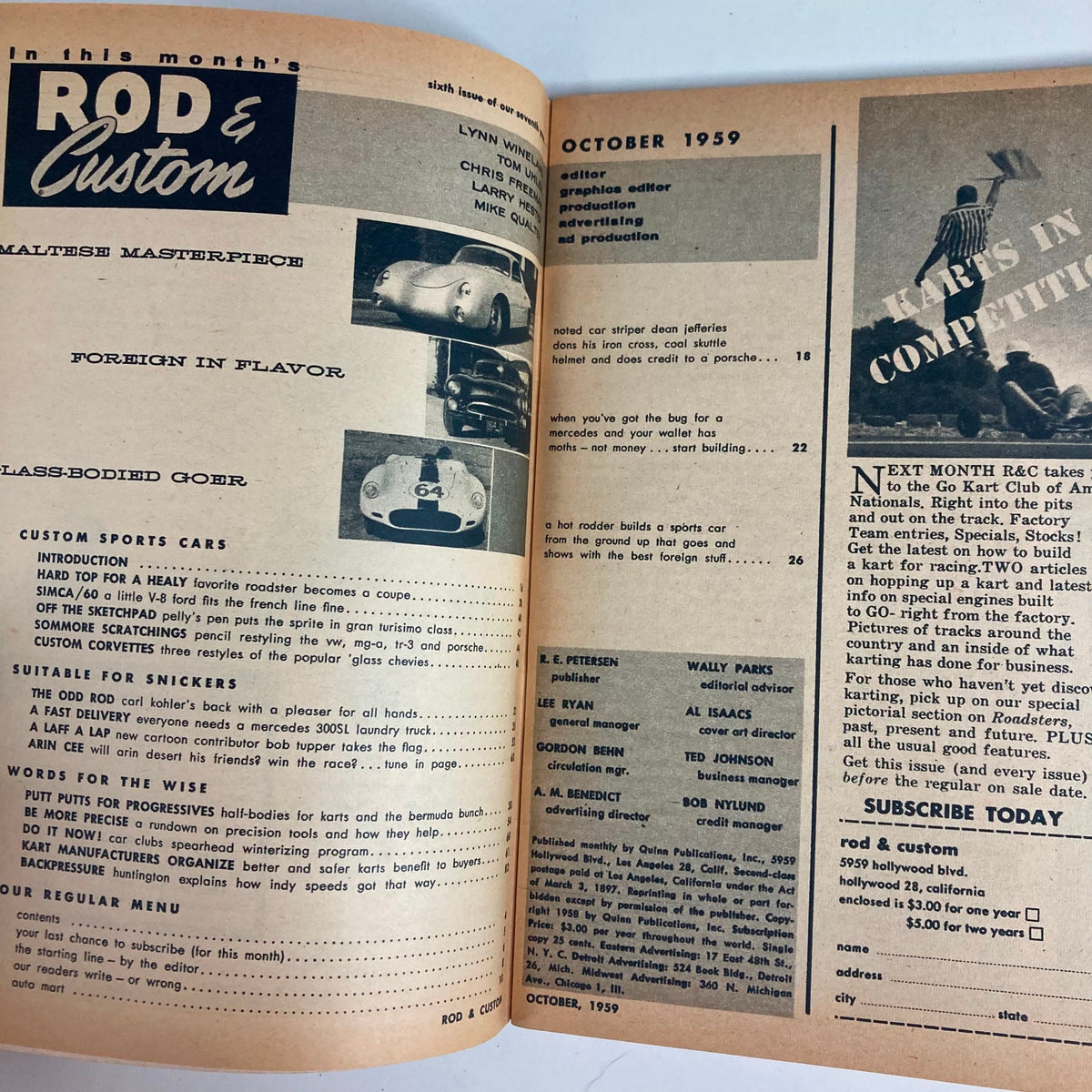 Interior page of VTG Rod & Custom Magazine October 1959 showcasing articles and features on automotive history and custom sports cars.