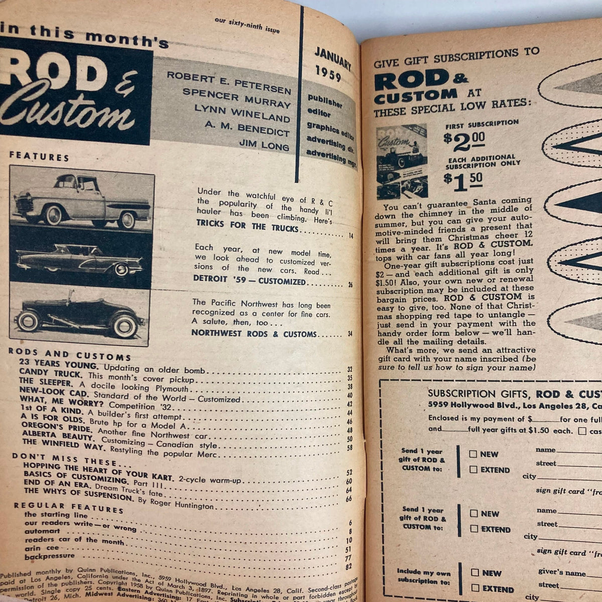 Inside page of VTG Rod & Custom Magazine January 1959 showcasing articles on custom trucks and car design features with a list of topics for that month's issue.
