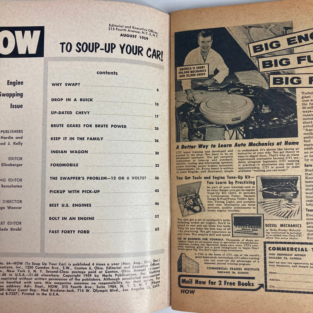 Interior page of the VTG How To Soup Up Your Car Magazine from August 1959, featuring contents including articles on automotive modifications and maintenance tips.