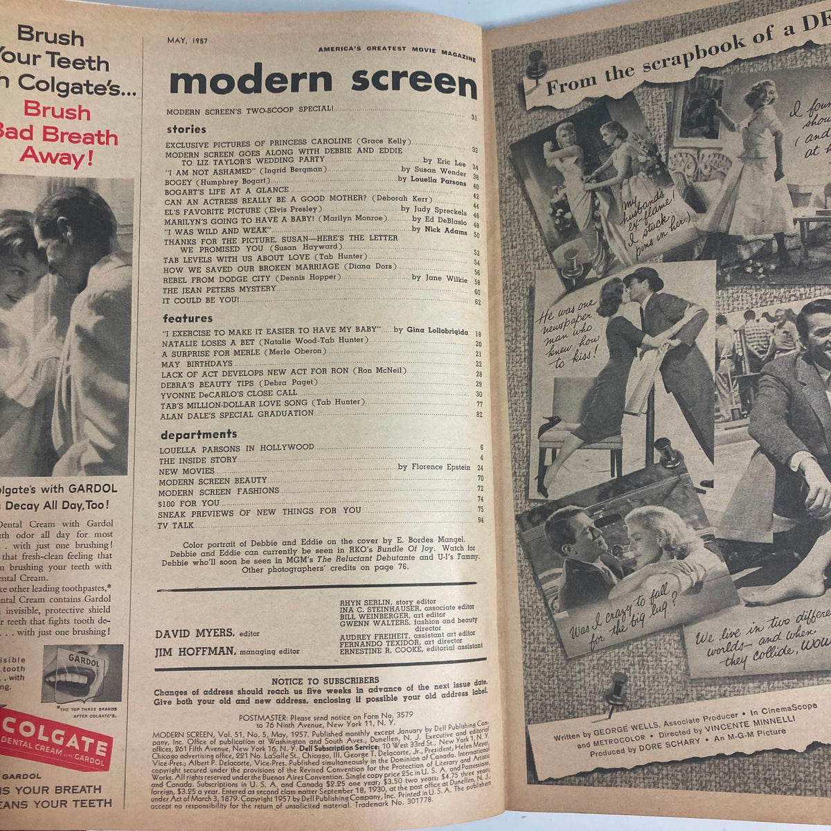 Inside page of VTG Modern Screen Magazine May 1957 featuring a listing of stories and features including pictures of Debbie Reynolds and Eddie Fisher.