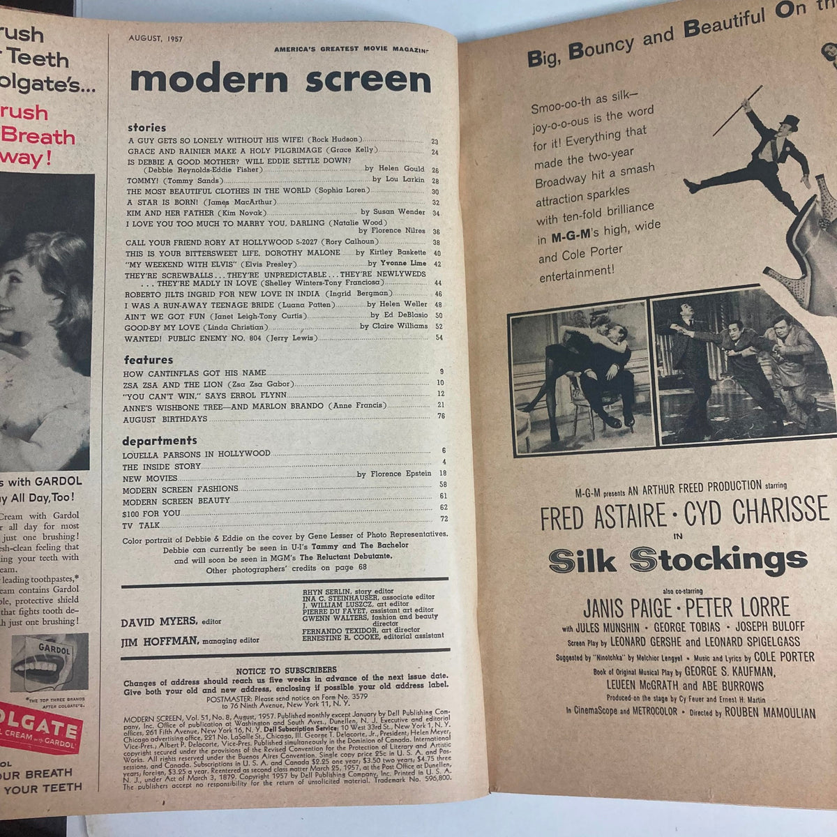 Inside spread of VTG Modern Screen Magazine August 1957 showcasing articles and features including a portrait of Debbie Reynolds, reflecting the classic cinema era's diverse content.