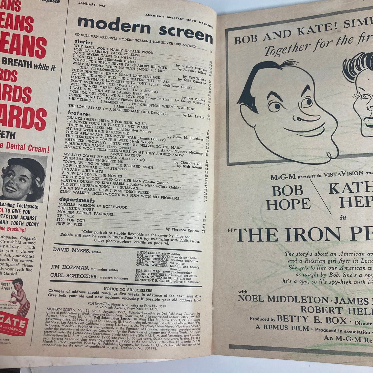 Inside pages of VTG Modern Screen Magazine January 1957 displaying articles and features, reflecting the classic cinema era.