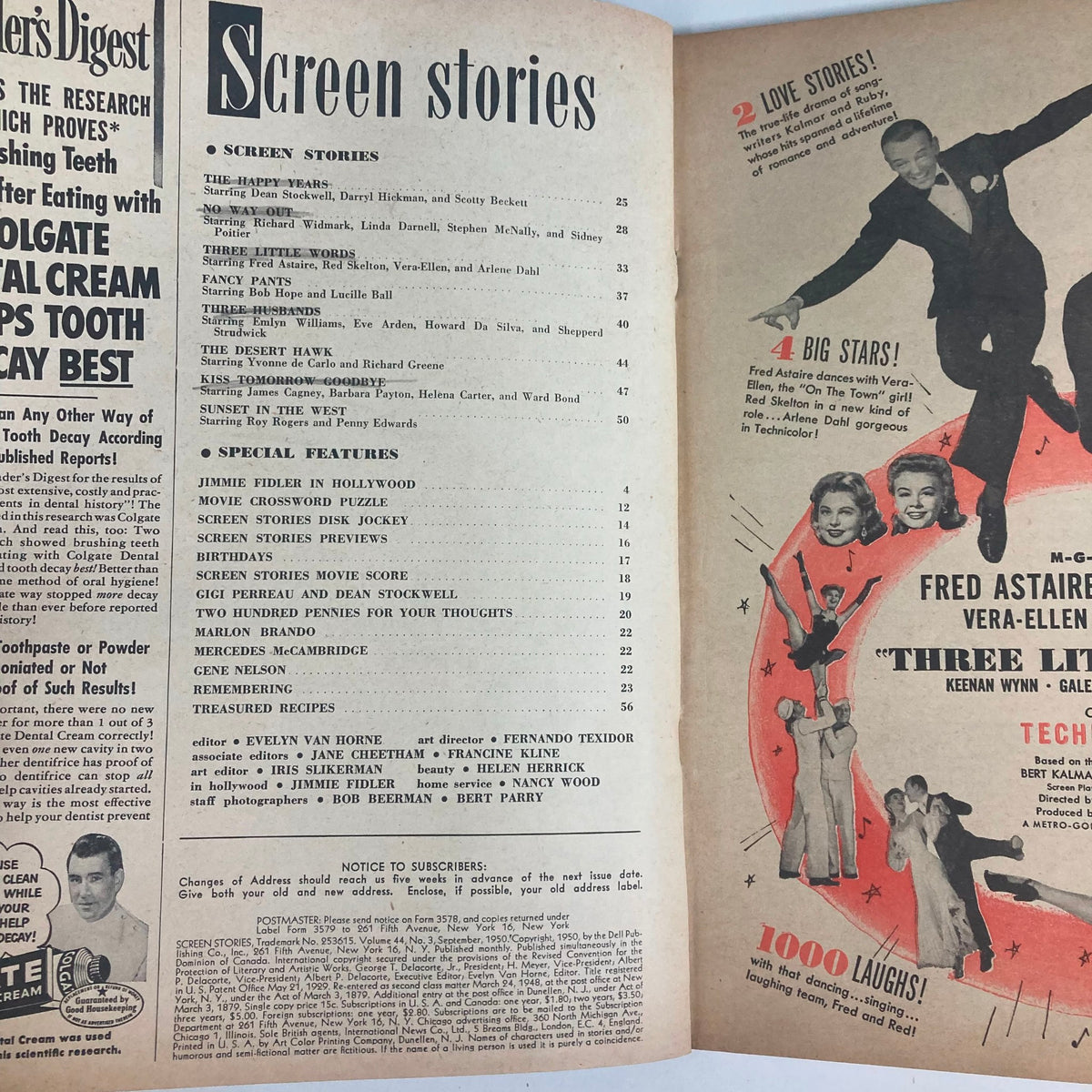 Interior page of VTG Screen Stories Magazine September 1950, displaying the table of contents and features of the magazine, highlighting classic film stories and actors.