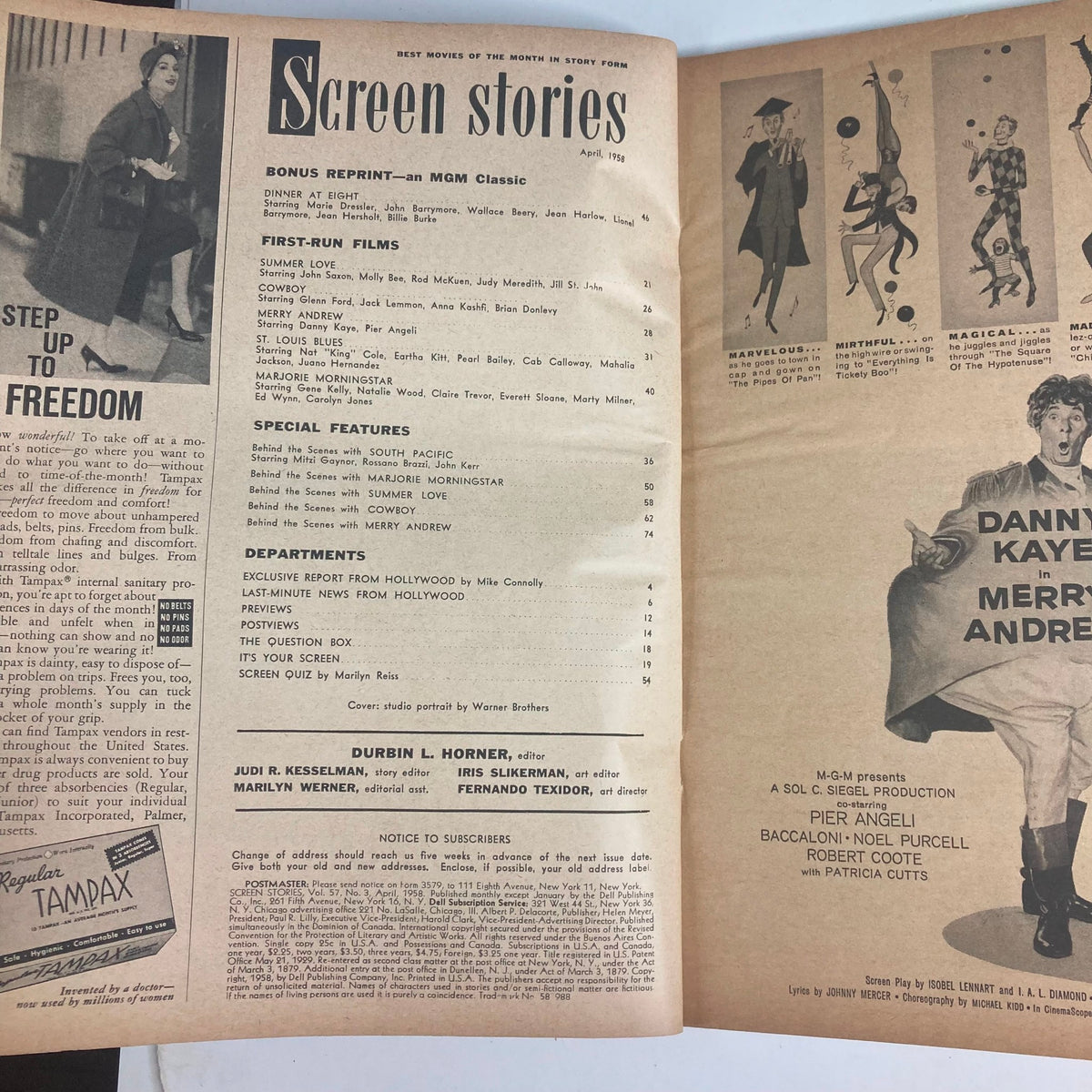 Inside page of VTG Screen Stories Magazine April 1958, featuring movie listings and articles related to film, including 'Marjorie Morningstar' starring Natalie Wood.