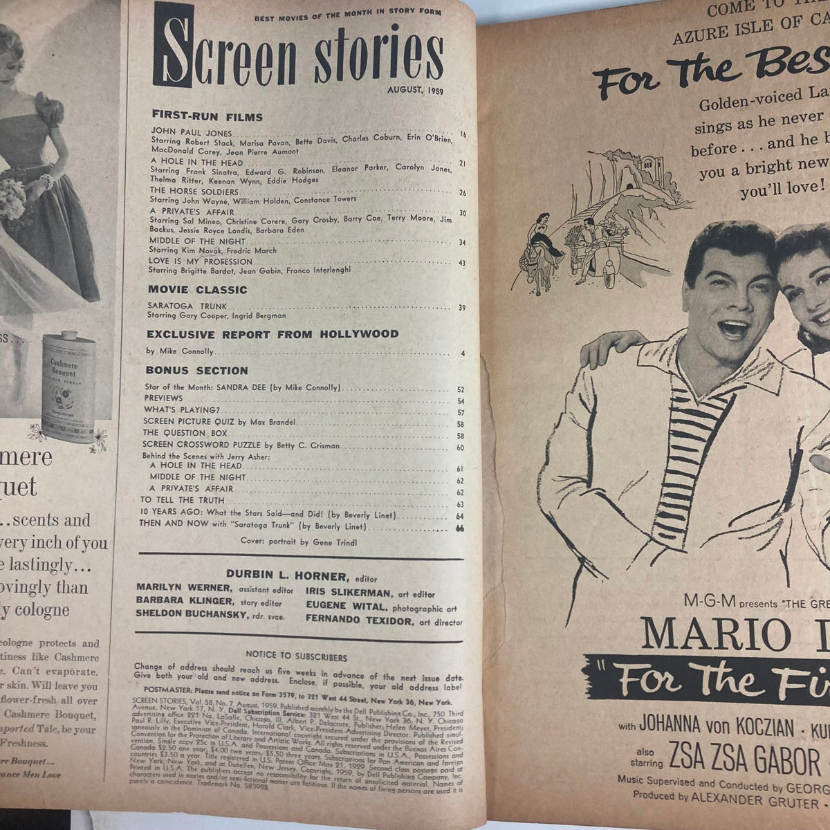 Inside page of VTG Screen Stories Magazine August 1959 with articles and content overview, highlighting classic films and stars of the 1950s.