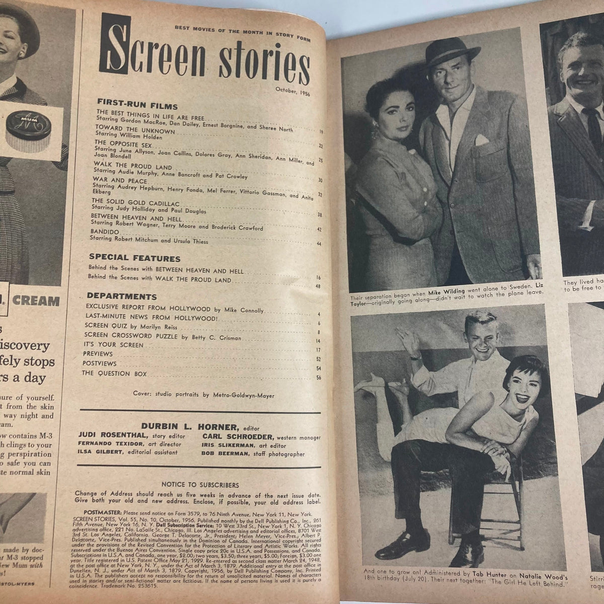 Interior page of VTG Screen Stories Magazine October 1956 showcasing the table of contents, featuring films like 'The Opposite Sex', 'War and Peace', and 'Between Heaven and Hell'.