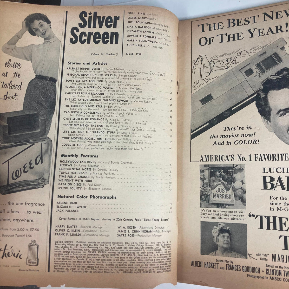 Interior page of VTG Silver Screen Magazine March 1954 featuring articles and photographs from 1950s Hollywood culture.